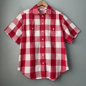 French Navy Button Up Shirt Size 12 Red White Plaid Check Country Chic Summer